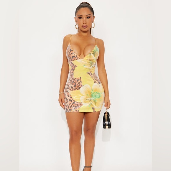 Fashion Nova Dresses & Skirts - New Fashion Nova Sequin Leopard Print Mini Dress with Yellow Floral Accents XL